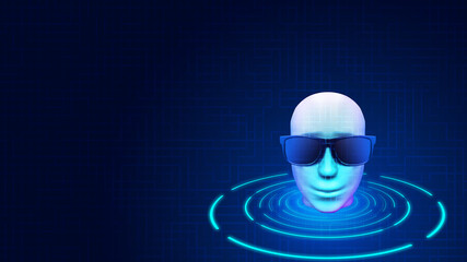 3D rendering human head with sunglasses, AI artificial intelligence concept digital technology creative background.
