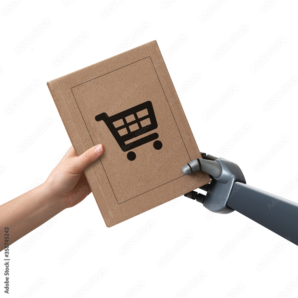 Poster the robot passes the package to the person. automatic unmanned delivery. isolated on white backgroun
