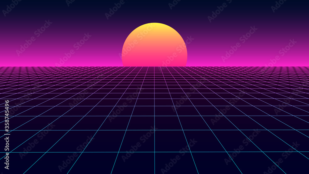 Poster vector perspective grid in retro style. detailed lines on dark background.