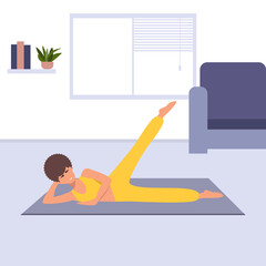 Home workout during quarantine. Woman doing sport at home, pumps up the press and legs by exercise. Vector of fitness workout, training, sports activity. Gym at home.