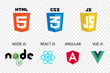 vector collection of web development shield signs: html5, css3, javascript, react js, angular, vue js and node js. - obrazy, fototapety, plakaty
