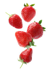 Set with ripe strawberries falling on white background