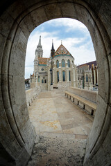 view on the arch of Fisherman's bastion and Mattias church in Budapest, Hungary