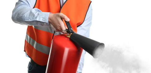 Worker using fire extinguisher on white background, closeup