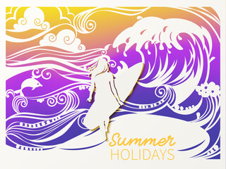 A girl walks along the sea sand with a surfboard. Paper cut style of waves and palms.