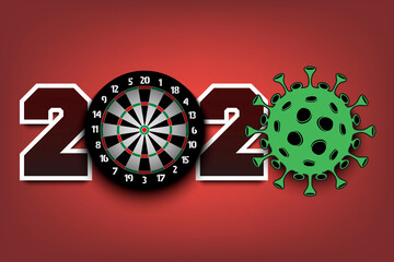Numbers 2020 and coronavirus sign with dartboard. Stop covid-19 outbreak. Caution risk disease 2019-nCoV. Cancellation of sports tournaments. Vector illustration
