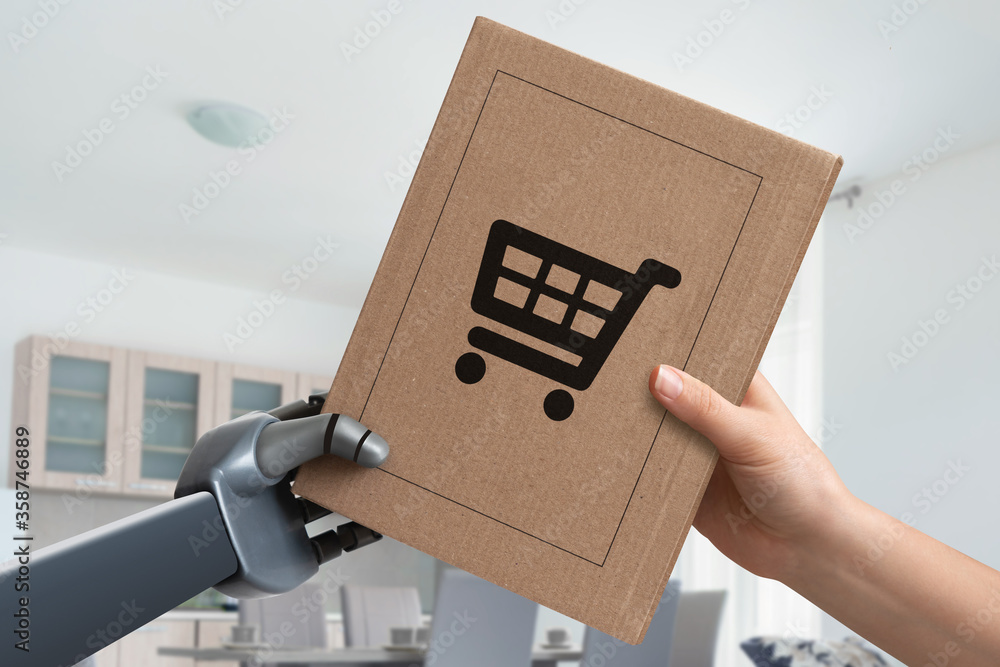 Poster The robot passes the package to the person. Automatic unmanned delivery