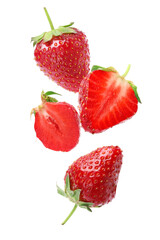 Set with ripe strawberries falling on white background