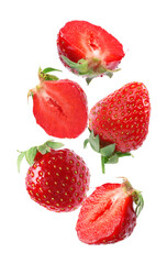 Set with ripe strawberries falling on white background