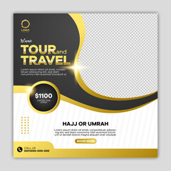 Luxury of islamic tour and travel social media template design. hajj and umrah promotion design in black and gold color. 