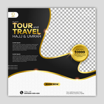 Luxury of islamic tour and travel social media template design. hajj and umrah promotion design in black and gold color. 