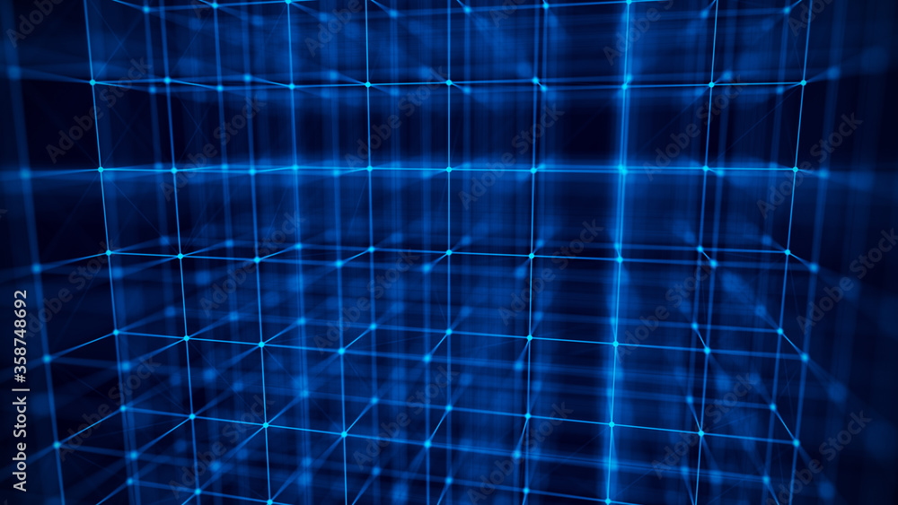 Poster abstract network connection with dots and lines on dark blue background. 3d rendering.