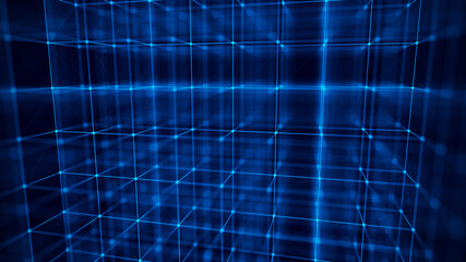 Abstract network connection with dots and lines on dark blue background. 3D rendering.