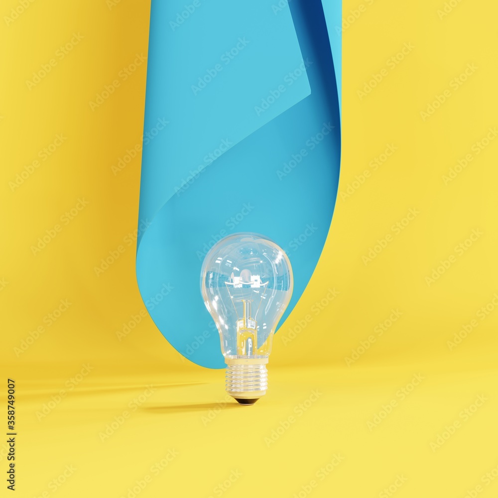 Aufkleber glowing light bulb on yellow background with blue curve shape. 3d render.