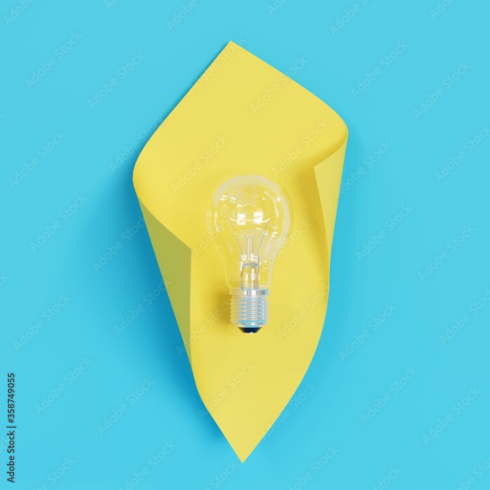 Aufkleber glowing light bulb on blue background with yellow curve shape. 3d render.