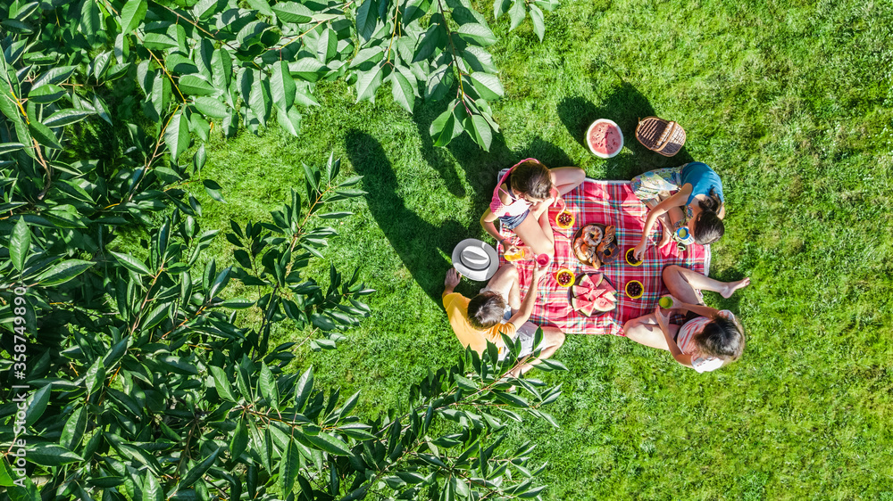 Wall mural happy family with children having picnic in park, parents with kids sitting on garden grass and eati