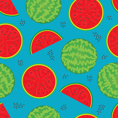 seamless pattern consisting of a whole striped watermelon, half a red watermelon and a slice of watermelon with grains on a blue background