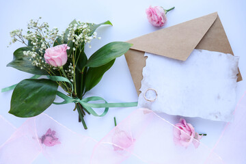 greeting card design. bouquet of pink roses on a white background and space for text. congratulation. invitation