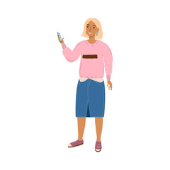 Smiling modern girl with freckles takes a selfie. Young beautiful girl with freckles. Girl or woman with phone. Vector illustration.