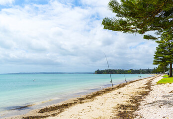 Fishing Spot and Panoramic View of Eastern Beach, Auckland New Zealand during High Tide Time