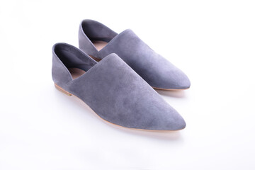 urban gray loafers, modern casual women’s flat shoes, classic, suede mules and loafers, leather substitute, stylish on a white background, studio