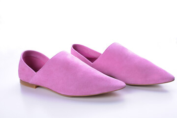 pink shoes on a white background, mule suede,
loafers, women's moccasins, flat, casual summer...