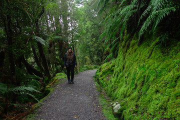 Woman on the track on the way to Lake Matheson. New Zealand South Island. June ‎12, ‎2018