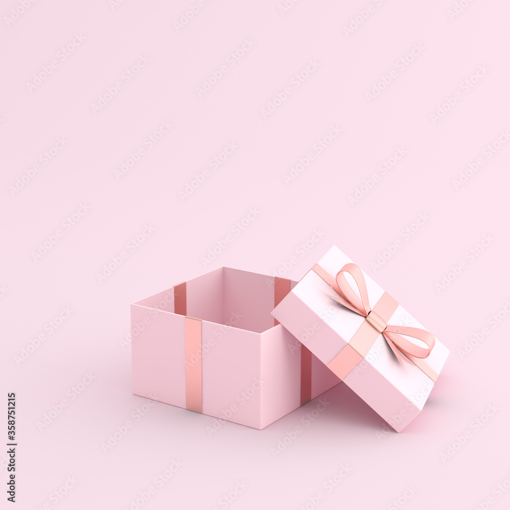Poster mock up of open gift box on pink background. 3d rendering.