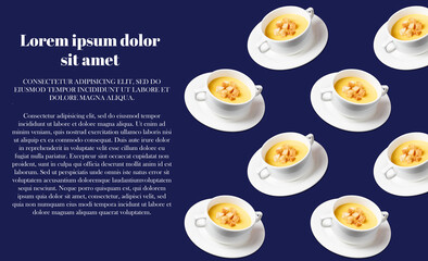 pattern with framed plates with mashed soup on a dark blue background. Place for text
