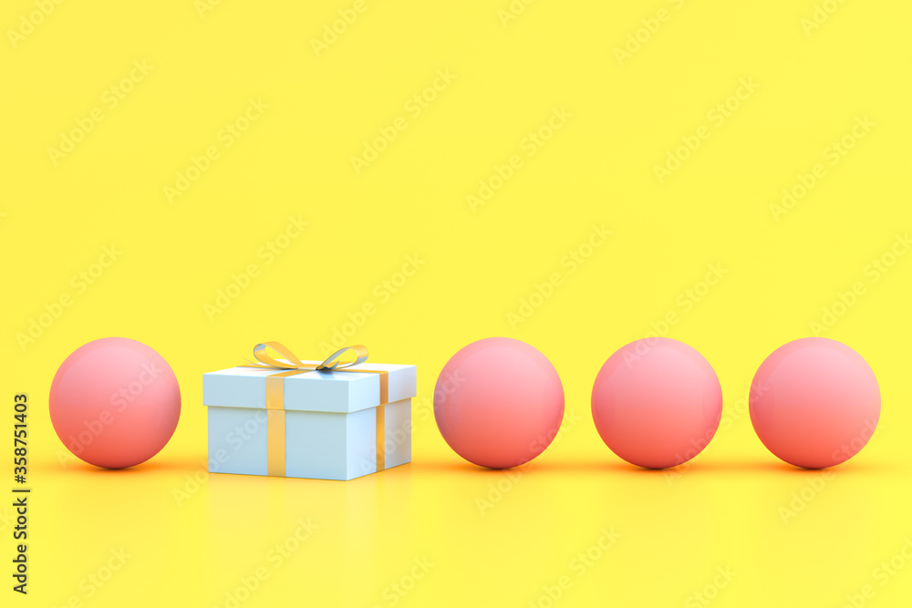Poster Mock up of gift box and sphere on yellow. 3D rendering.