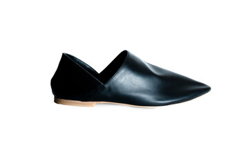 ballet shoes on a white background, black women’s flat shoes, classic, leather mules and loafers, leather substitute