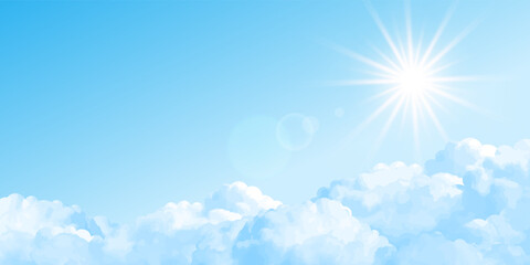 Sun shining Behind the white clouds. Vector Sky Background