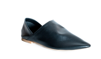 ballet shoes on a white background, black women&rsquo;s flat shoes, classic, leather mules and loafers, leather substitute