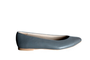 ballet shoes on a white background, black women’s flat shoes, classic, leather mules and loafers, leather substitute