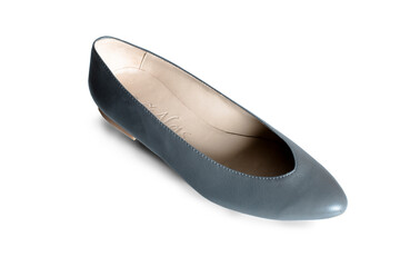 ballet shoes on a white background, black women’s flat shoes, classic, leather mules and loafers, leather substitute