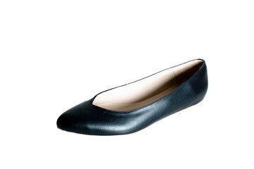 ballet shoes on a white background, black women’s flat shoes, classic, leather mules and loafers, leather substitute