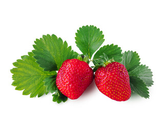 Two ripe juicy red strawberries isolated on a white background with green leaves.