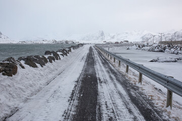 A frozen road during a snow storm in Norway. 