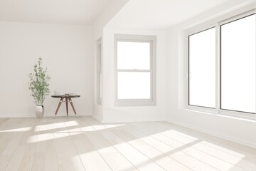 modern empty room with plants and table interior design. 3D illustration