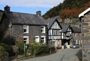 Traditional village buildings in Corris, Wales, with autumn leaves in the background.