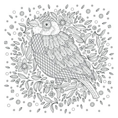 Cartoon stylized bird among the leaves on a white background. Image for coloring pages. Coloring book. Vector illustration