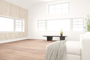 Fototapeta na wymiar modern room with sofa,table,plants,plaid,wooden wall interior design. 3D illustration