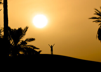 chica con brazos abiertos en una duna al atardecer en el desierto