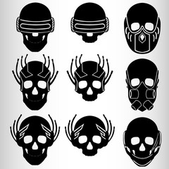 A set of nine skulls in the style of cyberpunk. Set for emblems or tattoos, cyborg skull. Nine emblems in the style of cyberpunk, skulls with implants.