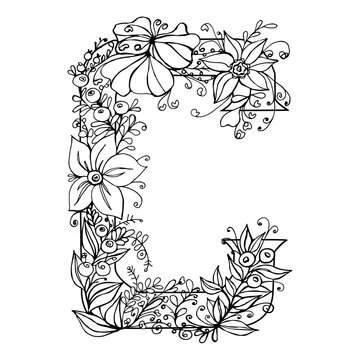Font letter C in floral pattern