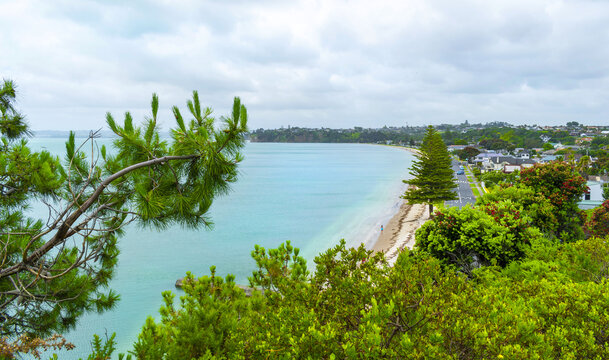 Panoramic Aerial View of Eastern Beach, Auckland New Zealand during High Tide Time