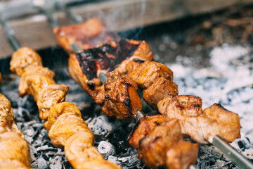 Chicken skewers on skewers on fire. Cooking meat outdoors in the open air..