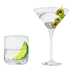 Two alcoholic drinks - martini and scotch with lime and olives. Watercolor illustration. White background. 