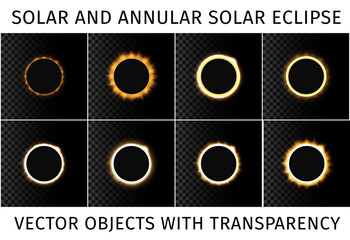 Total and annular solar eclipse. Set of different eclipses on a dark background with with an example of use on a transparent background. Vector illustration