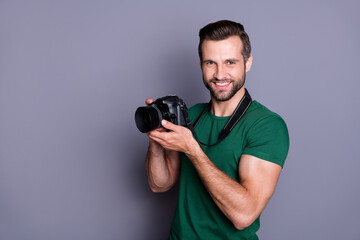 Portrait of cheerful man paparazzi hold dslr camera have spring free time holiday wear good look...